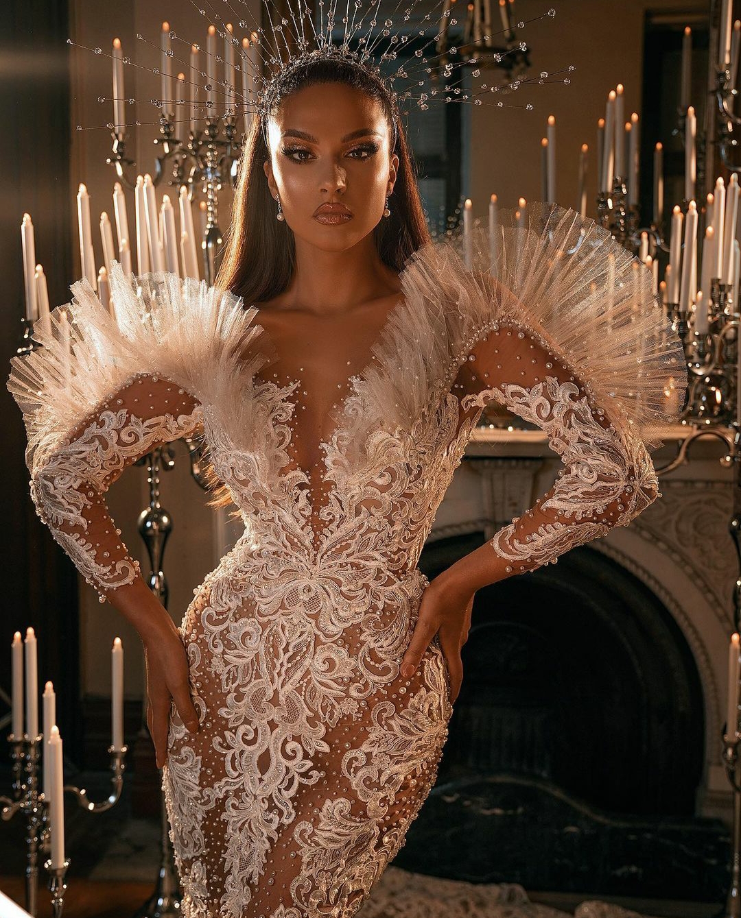 Deep V Neck Lace Wedding Dress See Thru Long Sleeves Beaded Bridal Gowns Saudi Arabic Sweep Train vestido de novia