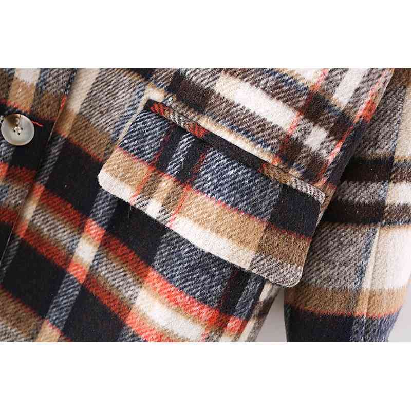 Vintage Women Woolen Plaid Blazers Fashion Ladies Streetwear Notched Collar Jacket Elegant Female Chic Pocket Jackets 210527