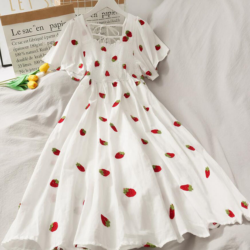 Women Summer Dress Sweet Square collar Pineapple Print Dresses Ruffles A-line High Waist Dress Elegant Vestidos Clothes 210521