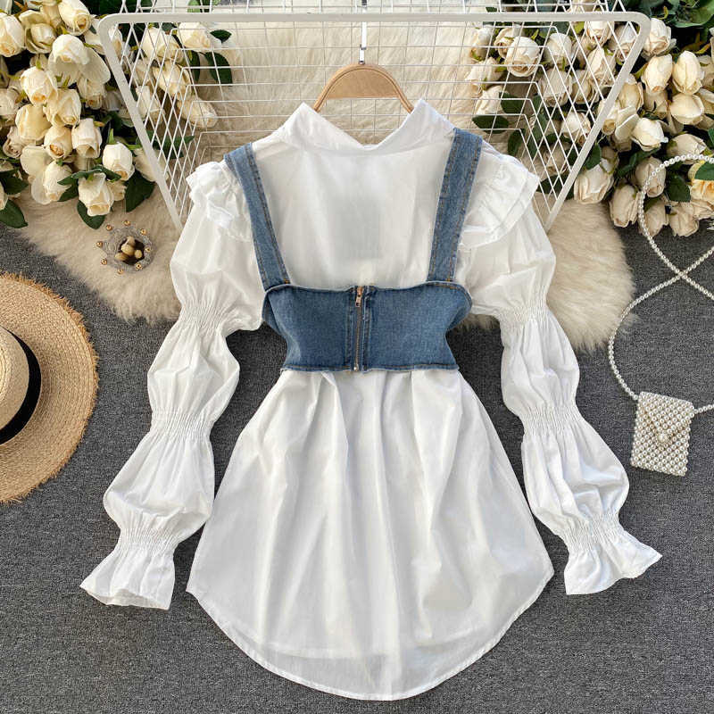 Women Fashion Spring Long Sleeve White Shirts Tops + Pearl-encrusted Diamond Vest Two-piece Sets R523 210527