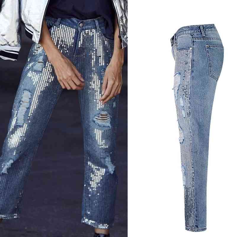 Fashion sequined Mom jeans woman boyfriend distressed ripped for women denim pants autumn plus size trousers 210521