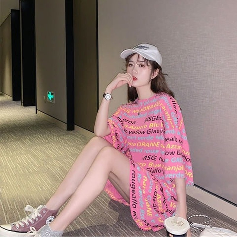 Korejpaa Women T-shirt Short Sleeve Fashion Summer Harajuku Letter Korean Loose Casual Medium Length Top Tee Shirt 210526