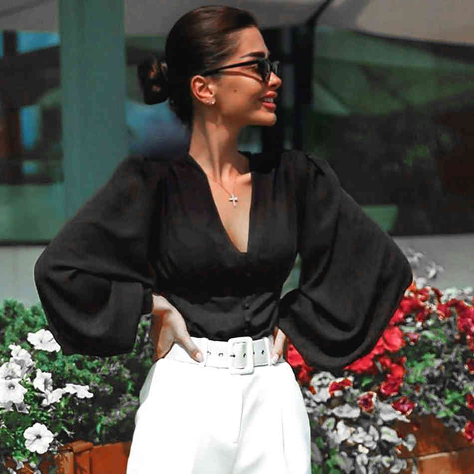 Free Spring Women's Blouse Retro V-neck Waist Slim Single-breasted Lantern Sleeve Shirt Top Elegant 210524