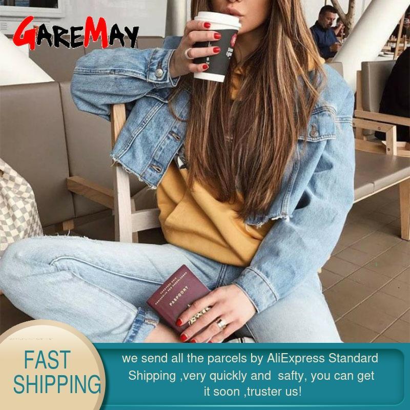 Spring Autumn Crop Denim Jacket Women Long Sleeve Boyfriend Style Casual Blue Jean Lady Vintage Button Top Coat 210428
