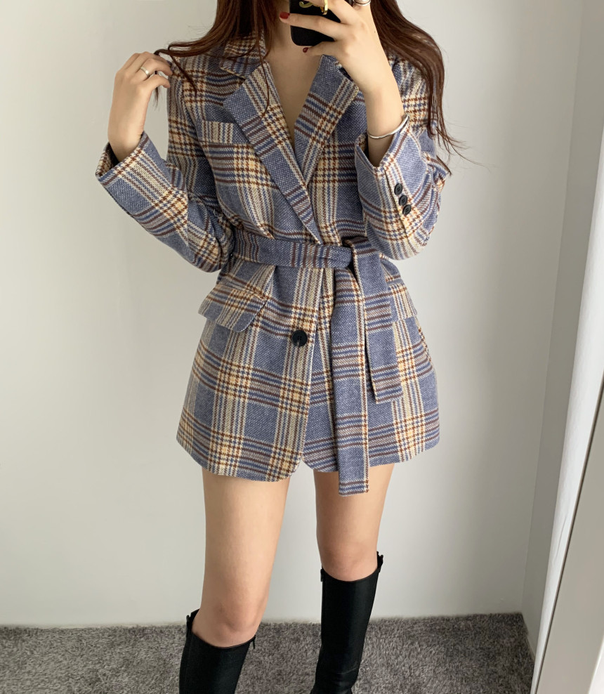 Comelsexy Winter Woolen Plaid Women's Jacket Sashes Vintage Single Button Coats Pocket Long Sleeve Female Outwear 210515