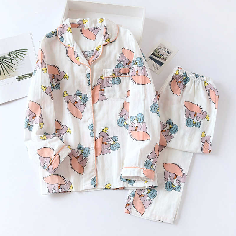 Fresh pajamas sets women 100% gauze cotton Japanese summer long sleeve casual sleepwear women simple cute bear pyjamas 210928