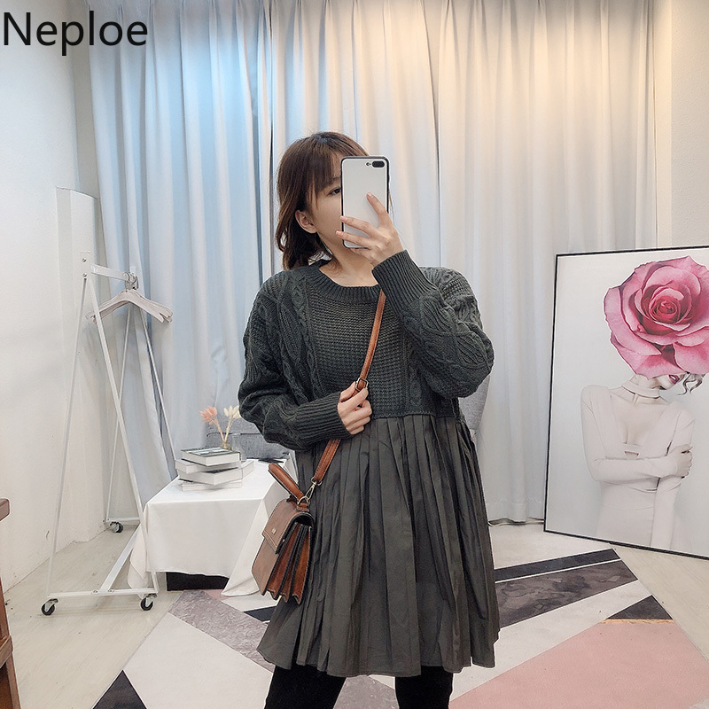 Neploe Chic Woman Dress Fashion Patchwork Knitted Pleated Vestidos O-neck Long Sleeve Loose Casual Robe Dresses Women 4G234 210422