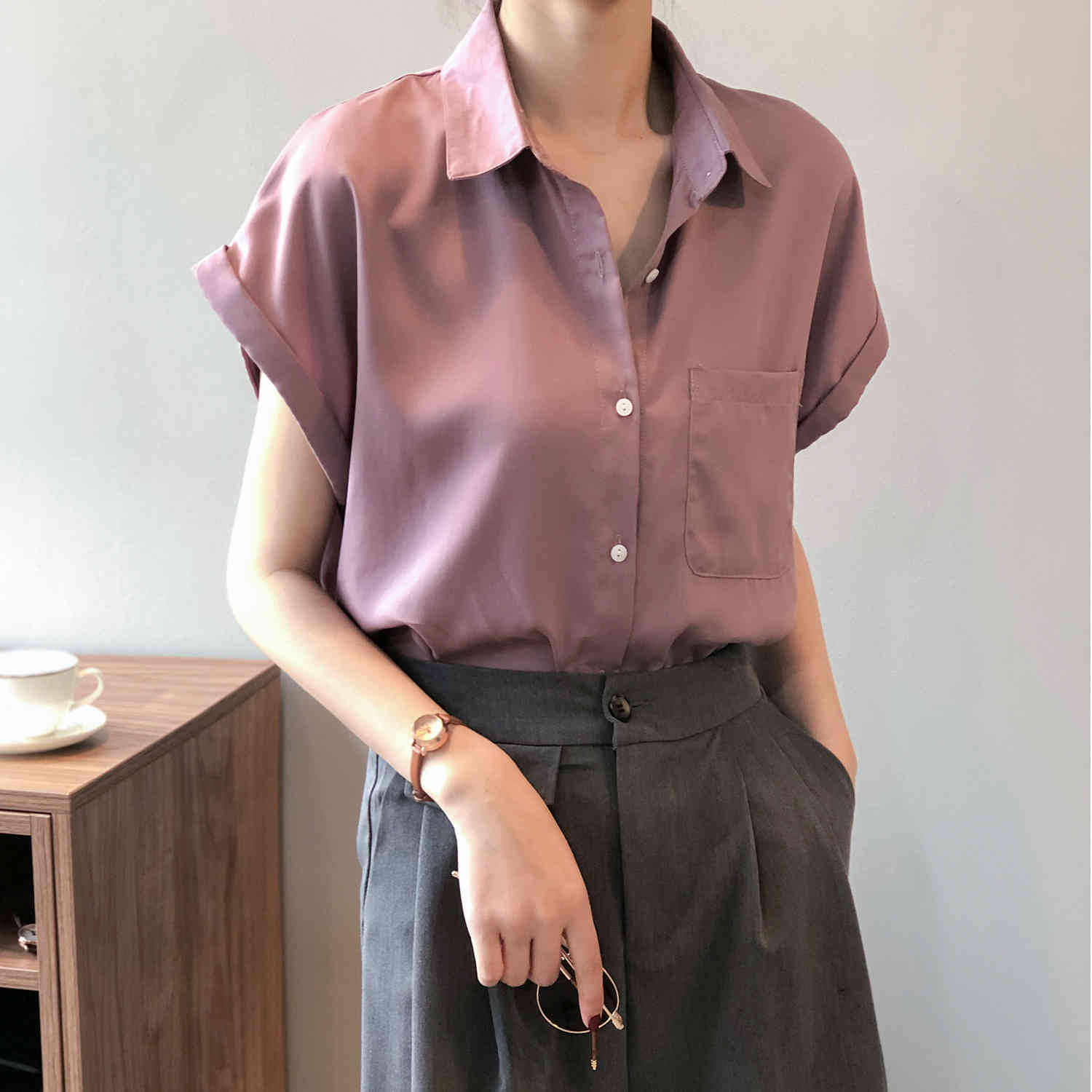 Summer Korean Casual Women Shirt Tops Short Sleeve Turn-down Collar Pocket Solid Loose Female Blusas Mujer 210514