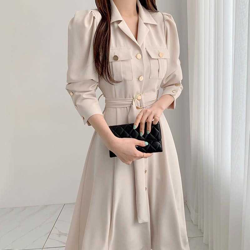 Korejpaa Woman Dress Korean Chic Spring Fashion Elegant Single-row Buckle Strap Waist Slim Long Sleeve Dresses Female 210526