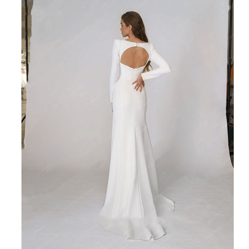 Simple Crepe Mermaid Wedding Dresses 2021 Square Stain Long Sleeve Trumpet Backless Bohemian Beach Bridal Dress Robes