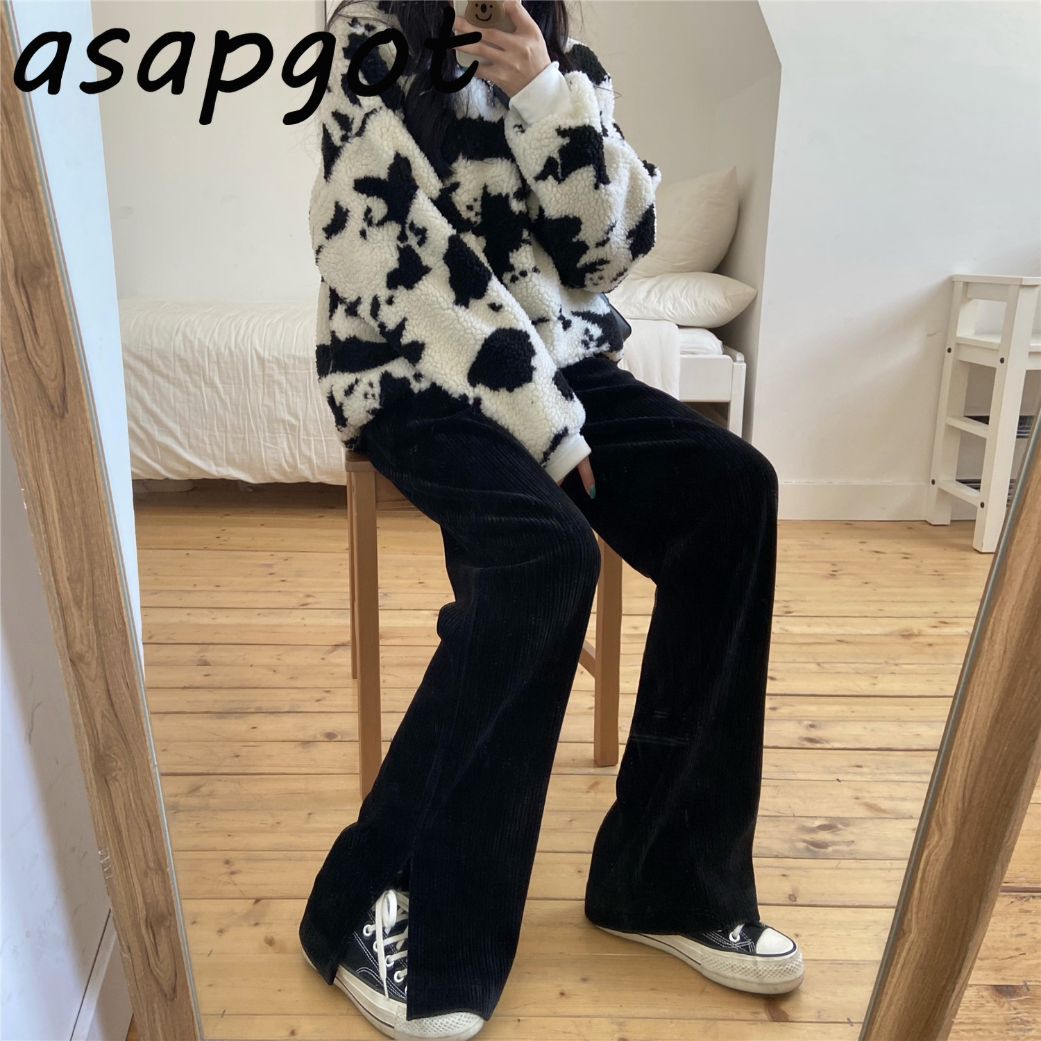 Loose Elastic High Waist Plus Size Pink Corduroy Wide Leg Pant Women Sweet Fashion Casual Black Split Knitted Straight Pants 210429