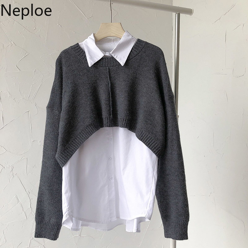 Neploe Korean Fashion Suit Two Piece Outfits for Women Knitted Cropped Sweater Loose White Shirt Tops Casual 2 Piece Set 210422