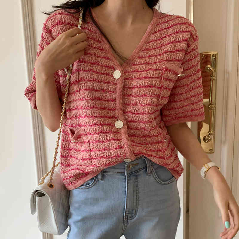Women Sweater Summer Korean Chic Retro Temperament V-Neck Multi-Pocket Loose Button Short-Sleeved Knitted Cardigan 210514