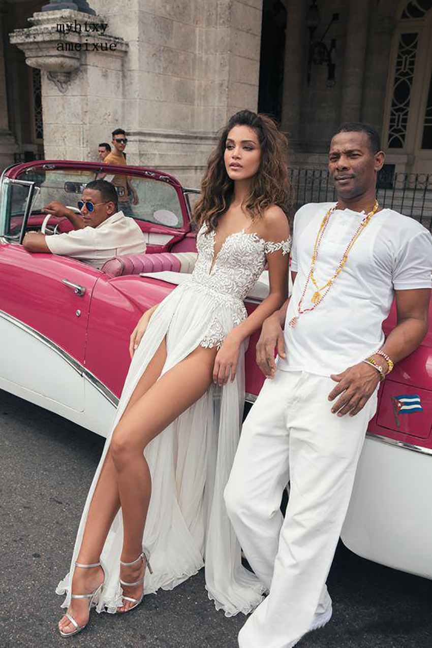 Sexy Style High Split Wedding Dresses 2021 Summer Lace Top Off Shoulder Deep V Neck Chiffon Long Bridal Gowns Custom Size 0509