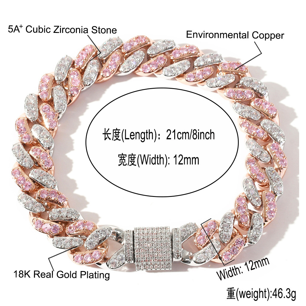 Wolf Tide Fashion Charms Hip Hop Cuban Link Chain Bracelet Mens Iced Out Pink Crystal cz Zircon Bangle Jewelry for Men Women Curb Chains Bracelet Part