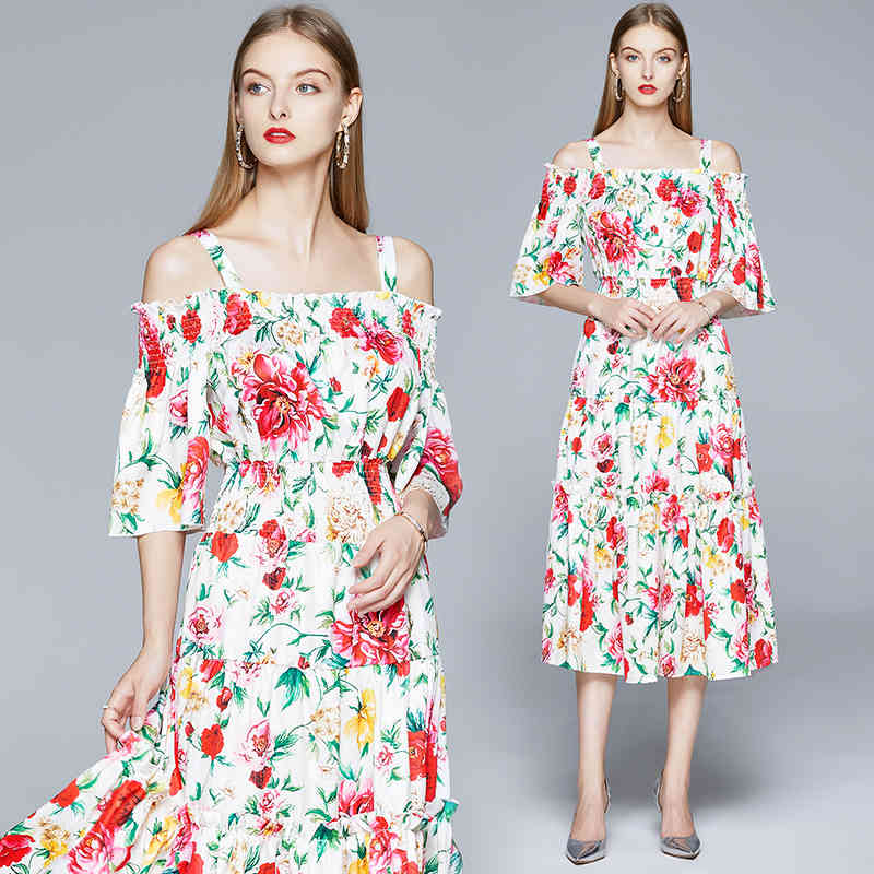 est Summer Holiday Dress Runway Women's Rose Print Spaghetti Strap Sexy Slash Neck Elastic Waist Long Dresses 210506
