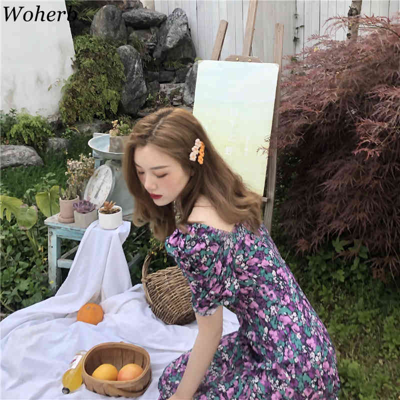 Elengant Floral Chic Printing Dress Women Square Collar Purple Dresses All Match Short Sleeves Korean Split Vestidos 210519