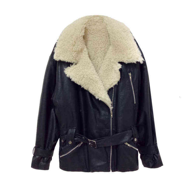 Bella Autumn Winter Temperament Turn Down Collar coats Zipper With Belt Women Loose Lamb Hair PU Fur Jacket 211130