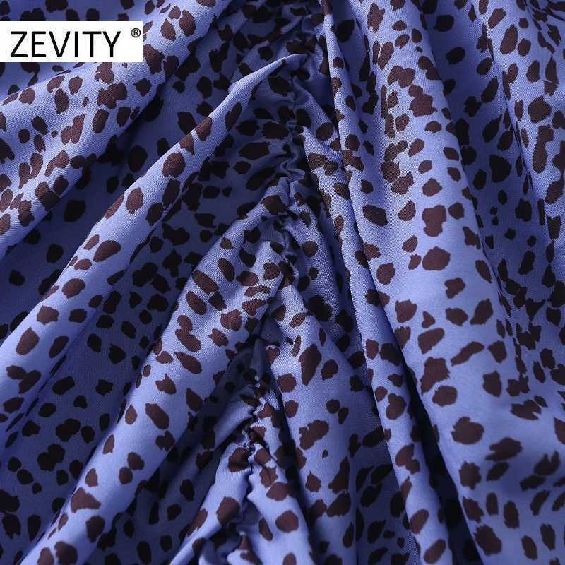 ZEVITY Women vintage v neck leopard dots print pleated slim Dress ladies pleat back zipper Vestidos Casual autumn Dresses DS4454 210603