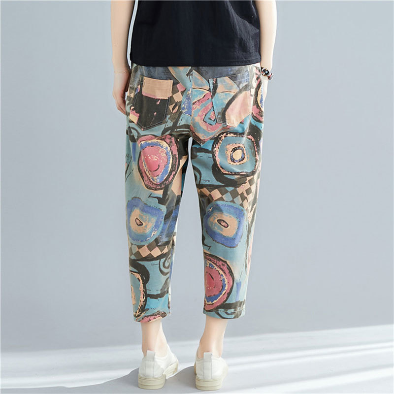 Summer Arts Style Women Elastic Waist Loose Ankle-length Pants Vintage Print Cotton Casual Harem Plus Size M622 210512