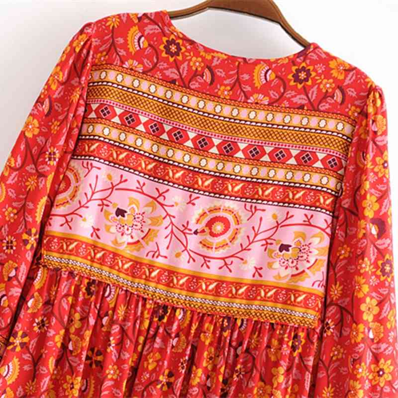 beauty Fashion Boho Floral Print Maxi Dress Women Holiday Chic Bow Tie O-neck Long Dresses Female Loose Beach Wear 210514