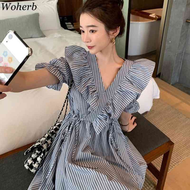 Vintage Elegant Striped Print Bandage Dress Summer V-neck Ruffle Patch Dresses Short Sleeve Mini Robe Vestidos 210519