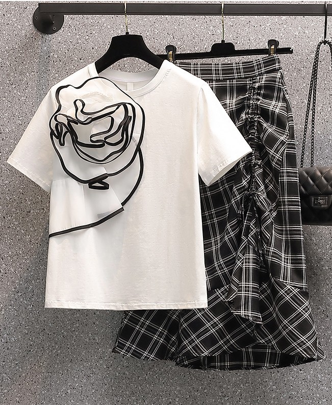 Summer Two piece set Elegant Fashion Chic Flowers T-Shirt Top + Plaid Drawstring Mermaid Skirts Office OL Casual Outfits 210519