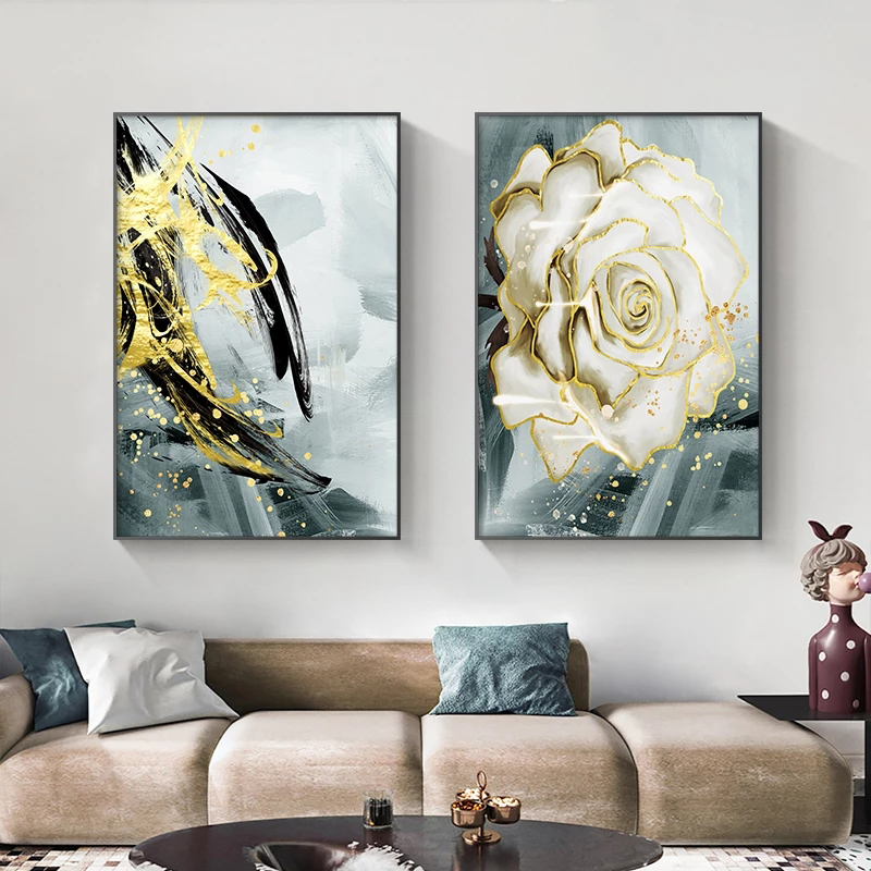 Scandinavian Flower Poster White Rose Canvas Print Modern Golden Green Painting Wall Art Picture for Living Room Interior Decor