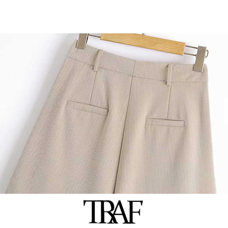 TRAF Women Chic Fashion Office Wear Side Pockets Shorts Vintage High Waist Zipper Fly Female Short Pants Mujer 210714