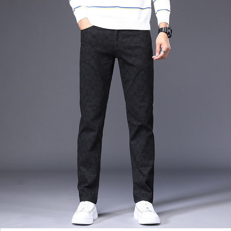 Men's Plaid Pants Dress Classic Formal Slim Fit Casual Autumn Cotton Stretch Black Work Office Youth Fashion Trousers Male 210518