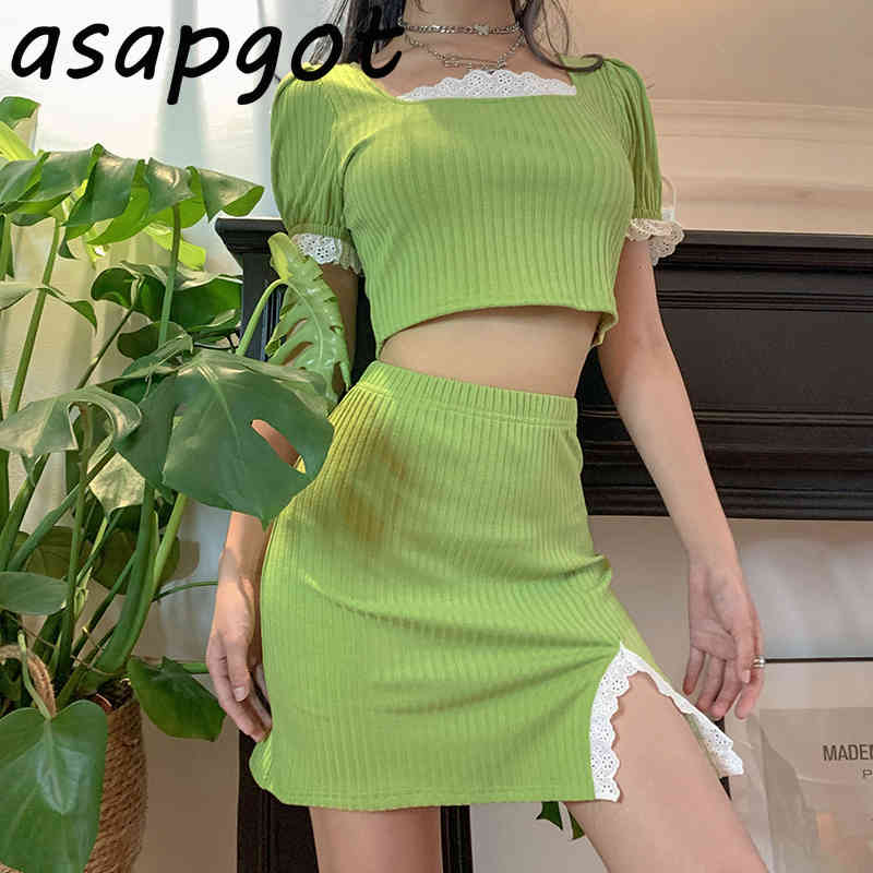 Sweet Girls Fresh Fashion Sets Lace Patchwork Square Neck Short Sleeve Tops Slim Mini Skirt Green Plus Size Summer Chic Korean 210429