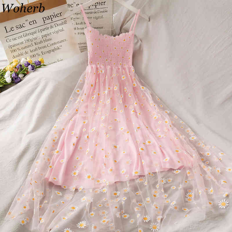 Dresses for Women Print Gauze Sling Vestidos Korean Fashion Summer Robe Slim Waist Ruffles Pleated Dress Woman 94933 210422