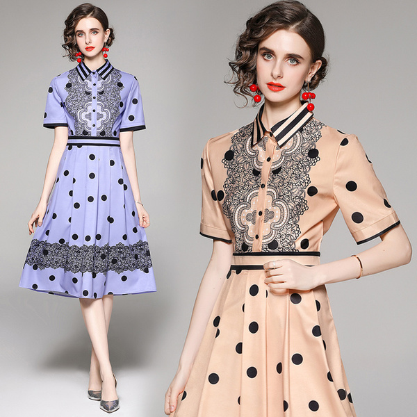 Vintage Summer High Waist Polka Dot Pleated Midi Dress Elegant Turn Down Collar Single Breasted Casual Slim Midi Dresses 210518