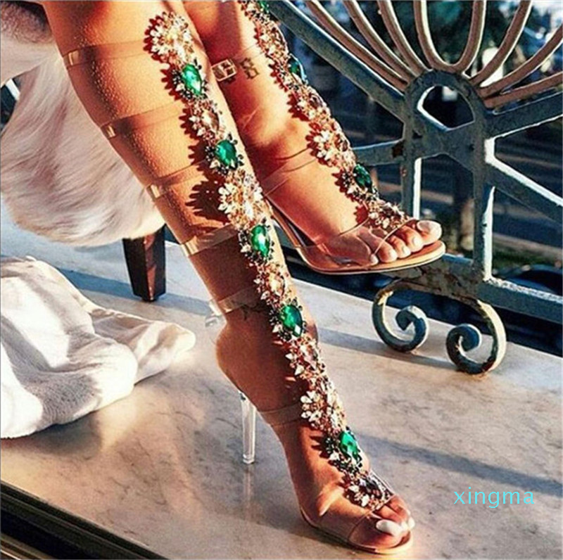 Summer Woman Sandals Rhinestone Lady Knee High Sandal Boots Thin High Heels Stiletto Crystal Dress Shoes Bohemia Style
