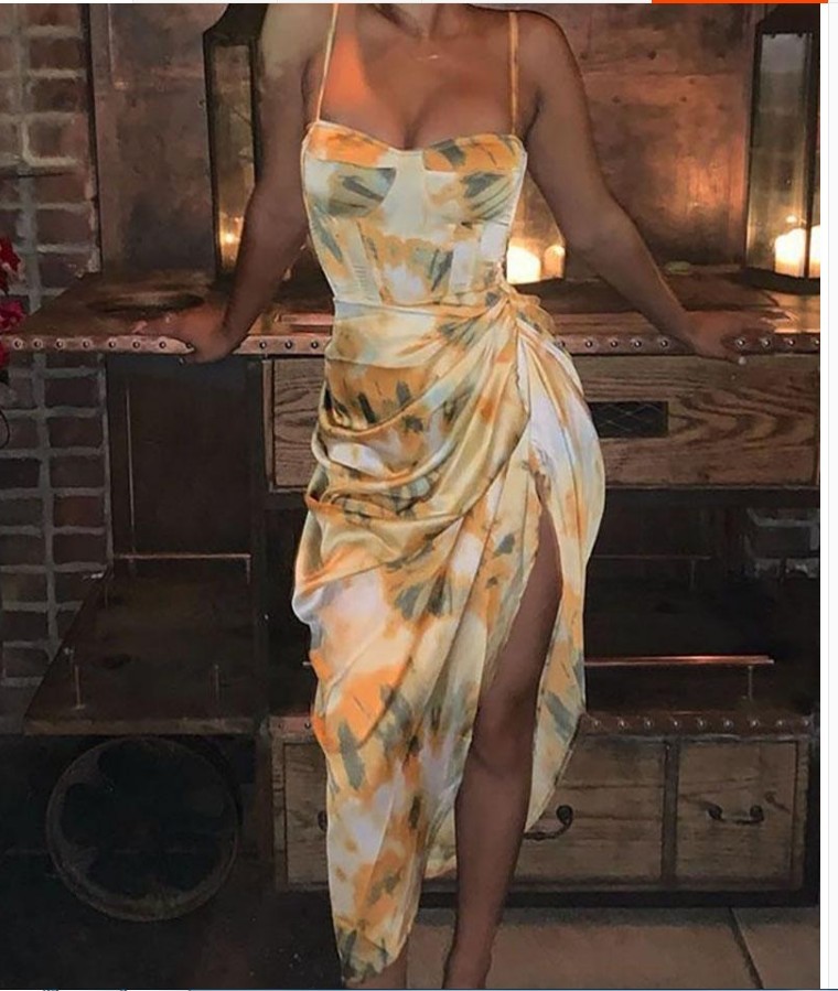 Women Dress Split Irregular Print Dresses Sleeveless Asymmetry Sexy Long Flowers Summer Clothes 210524