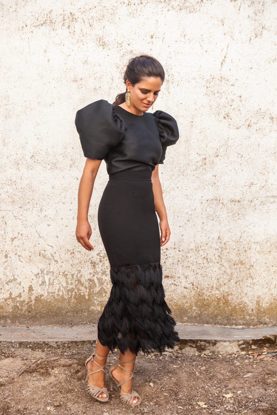 Women Set Skirt Retro Puff Sleeve Shirt High Waist Tasse Long Two Piece Fashion 210513