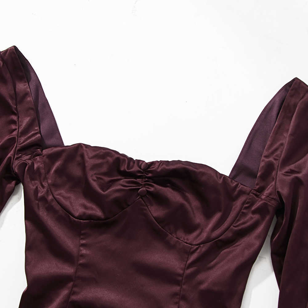 DEAT Women Split Dress Square Collar Long Sleeve Arrivals Lady Sexy Temperament Fashion Spring Summer 210709