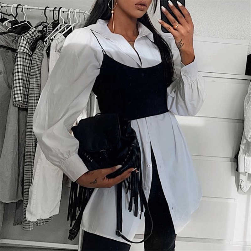 Elegant Women Turn Down Collar Shirts Fashion Ladies Solid White Loose Tops Streetwear Female Chic Oversize Long Blouses 210527