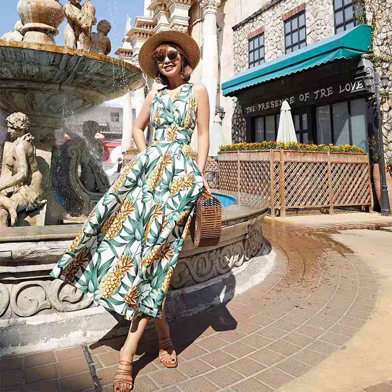 Female Sundress Women Summer Dress Sexy Backless Pineapple printed Vintage Vestidos Floral Boho Plus Size Dresses 210421