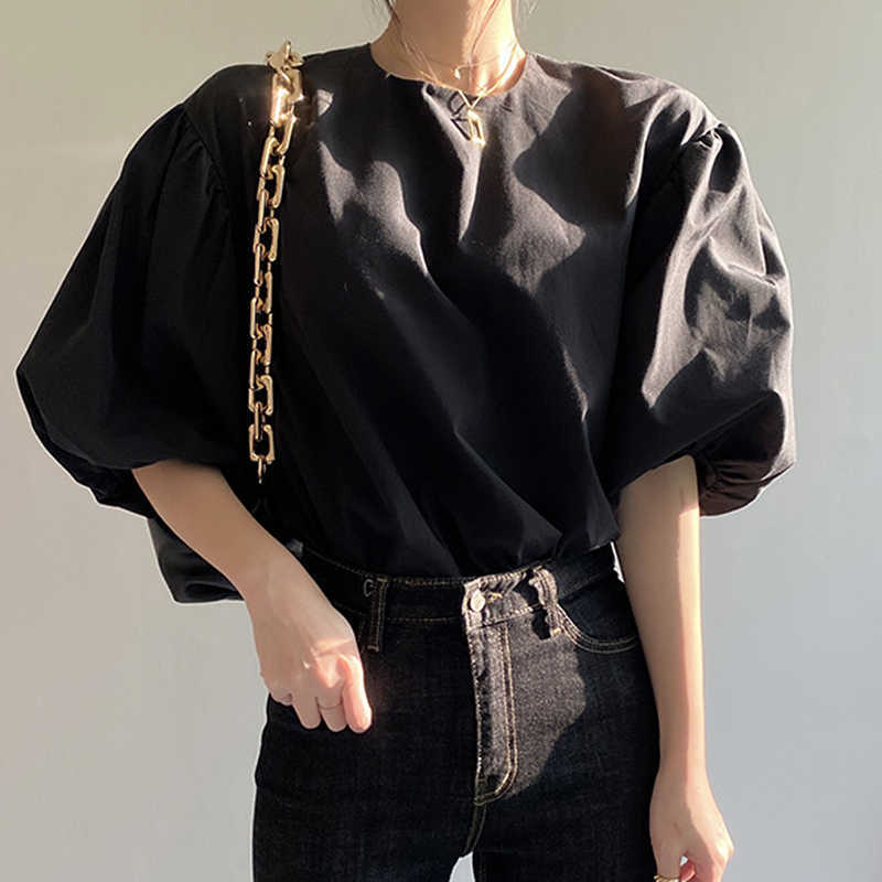 Korejpaa Women Shirt Summer Korea Chic Gentle Milk Soft Round Neck Loose All-Match Solid Color Casual Lantern Sleeve Blouse 210526