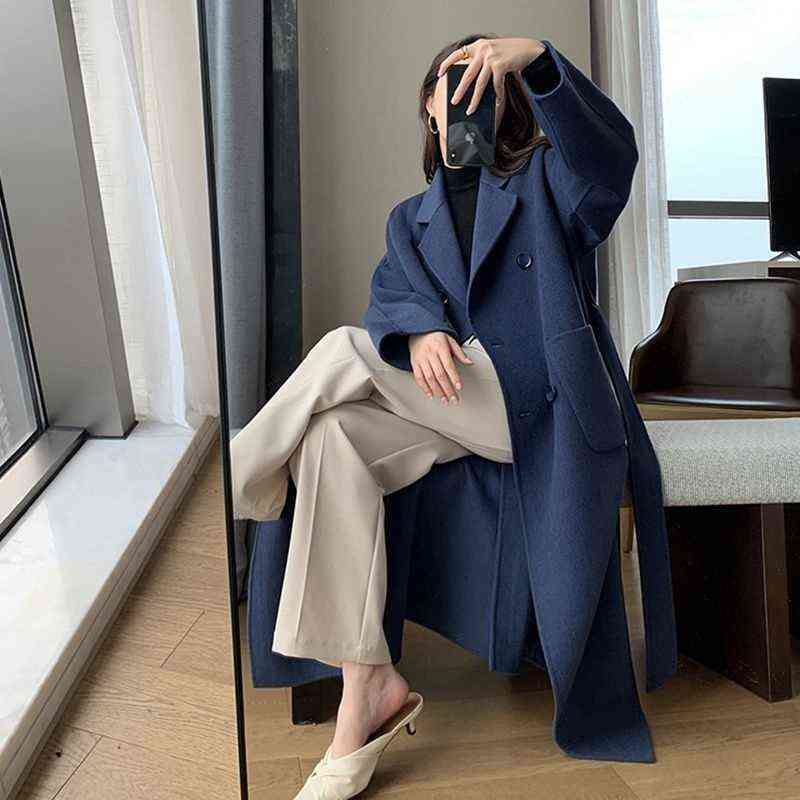 LANMREM Autumn Winter Women Woolen Coat Warm Long Length Double Breasted Navy Blue Coats Female Elegant Outerwear 2C533 211130