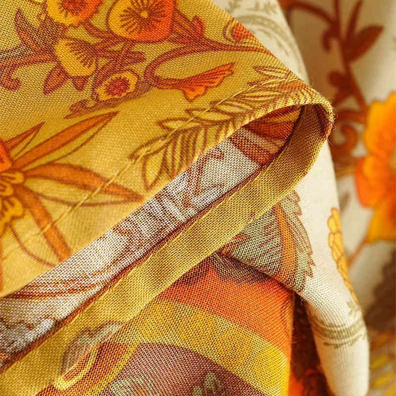 Casual Woman Yellow V Neck National Style Print Long Dress Spring Fashion Ladies Puff Sleeve es Female Chic 210515