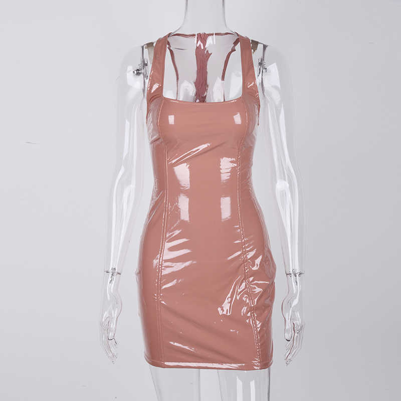 Colysmo Summer Dress Red Elastic PU Leather Backless Women Party Bodycon Sexy Club Wear Robe Femme Neon es 210527