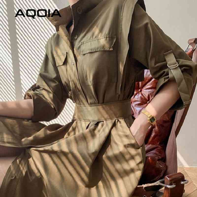 Fashion Spring Safari Style Wrist Sleeve Women Dress Chic Button Up Sashes Turn-Down Collar A-Line Trench 210521