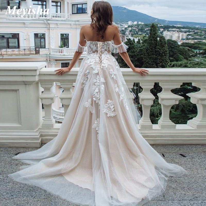 ZJ9202 2021 Sexy Sweetheart Lace A Line Wedding Dresses Off Shoulder Sleeveless Tulle Gowns for Brides Formal Dress