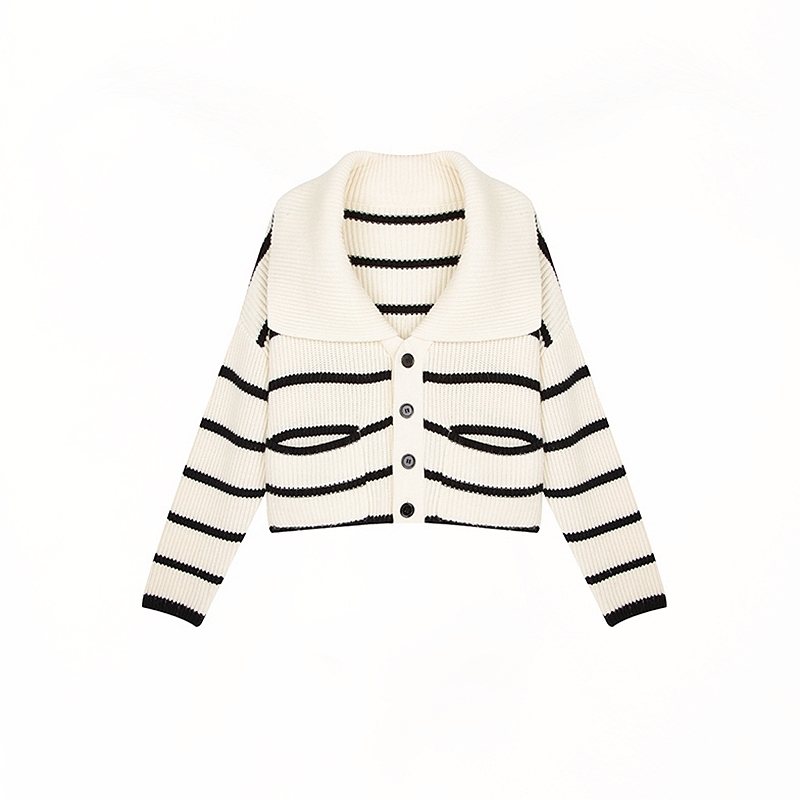 Short Casual Jumpers Long Sleeve Sailor Collar Cardigan Jacket Women Autumn Loose Striped Knitted Sweater Pull Japan Style Wild 210429