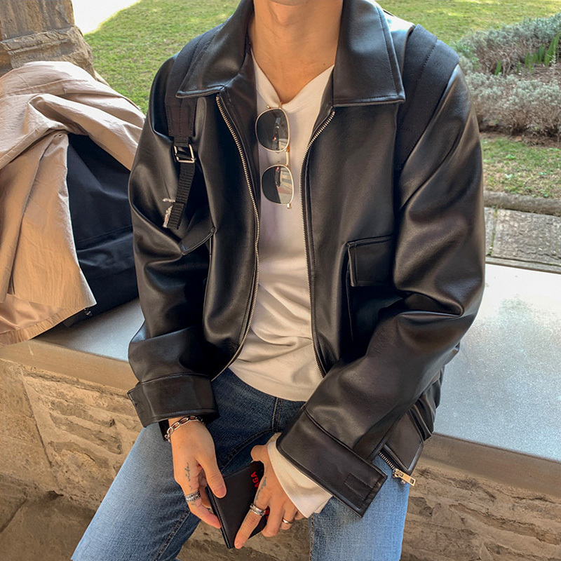 IEFB Men's PU Leather Clothing Korean Fashion Loose Motorcycle Clothing Spring Causal Coat Zipper Coat 9Y5686 210524