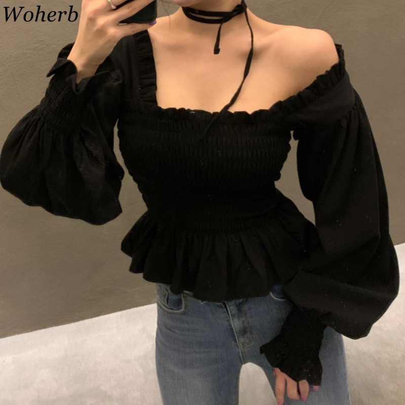 Square Collar Blouse Women Ruffle Pleated Blusas Elastic Waist Lace-up Fashion Blouses Elegant Lantern Sleeve Crop Tops 210519
