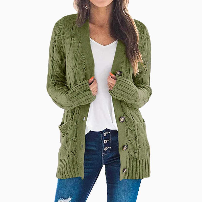 Autumn and Winter Female V-Neck Single Breasted Casual Cardigan Lady Button Pockets Grey Long Womens Loose Slim Sweater 210604