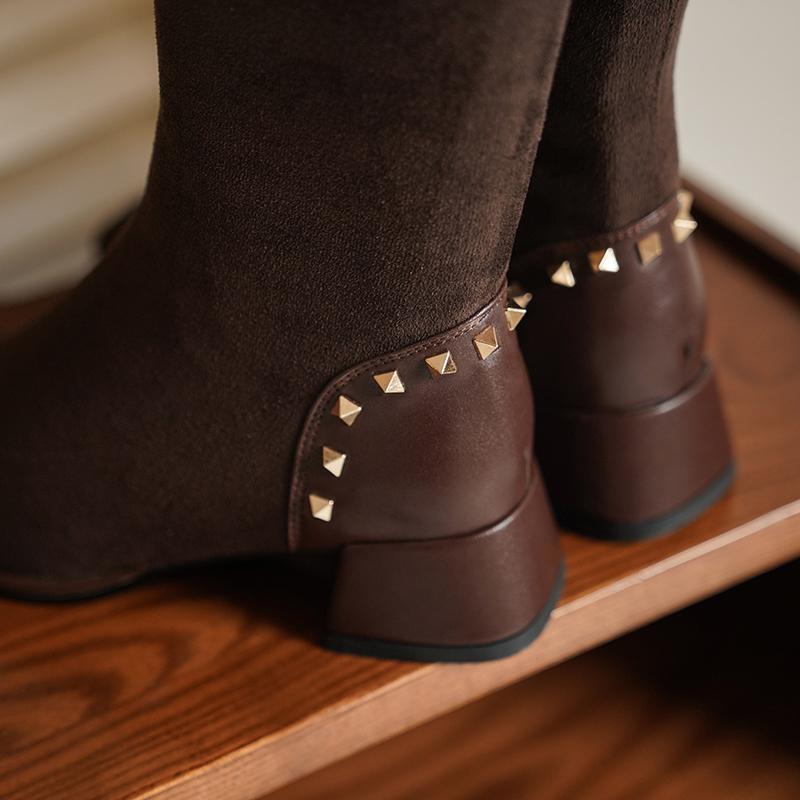 Boots Rivet Knee High Women Flock Stretch Autumn Winter Sock Ladies Fashion Square Toe Comfy Thick Heeled Shoes